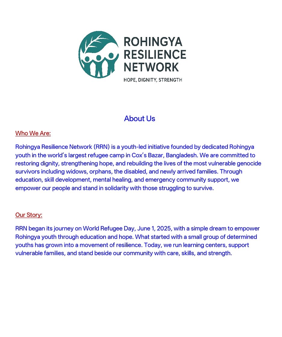 RRnetwork1's tweet photo. 📣 Come and Learn More About Us! Join us on a Journey of Hope and Change!
Together, we are nurturing dreams, restoring dignity, and building a stronger, brighter future for the Rohingya community.
✨ Be a part of the change. Be a voice for resilience.
#RRN #HopeForRohingya https://t.co/x15JqUuryg