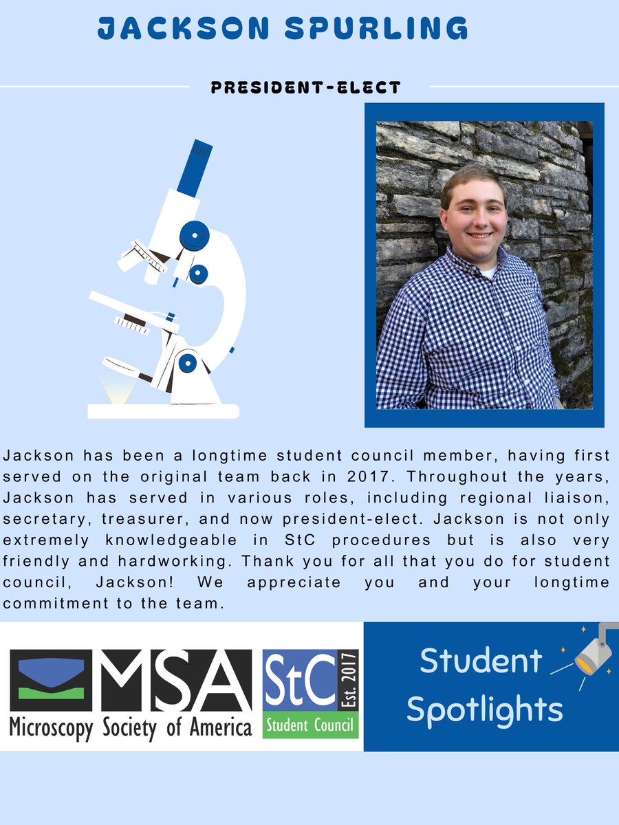 For our next round of student highlights, we have Jackson Spurling! Jackson is a PhD student at Penn State and is our president-elect! #msastudent #microscopy#microscopist #stem #gradschool #gradstudent #phdlife#materialsscience #physics #academic@MicroscopySoc@MicrobeamSoc
