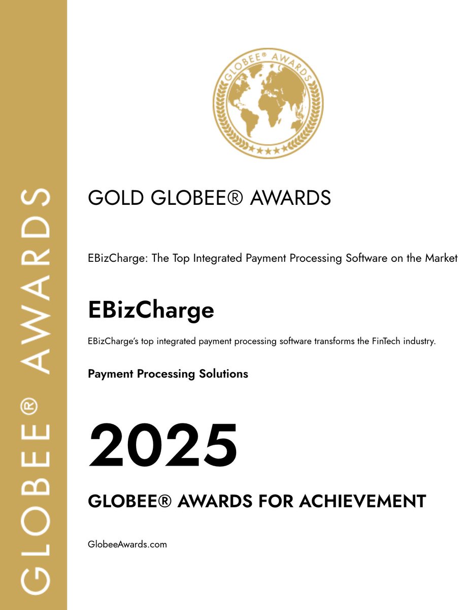 Nothing like a hat trick!🎩 The <a href="/GlobeeAwards/">The Globee® Awards</a> has awarded EBizCharge 3 Gold Achievement Awards for:
 🏅Top Digital Payment Solution on the Market
🏅Top Integrated Payment Processing Software on the Market
🏅Top Integrated FinTech Solution on the Market.

Full list of Achievement