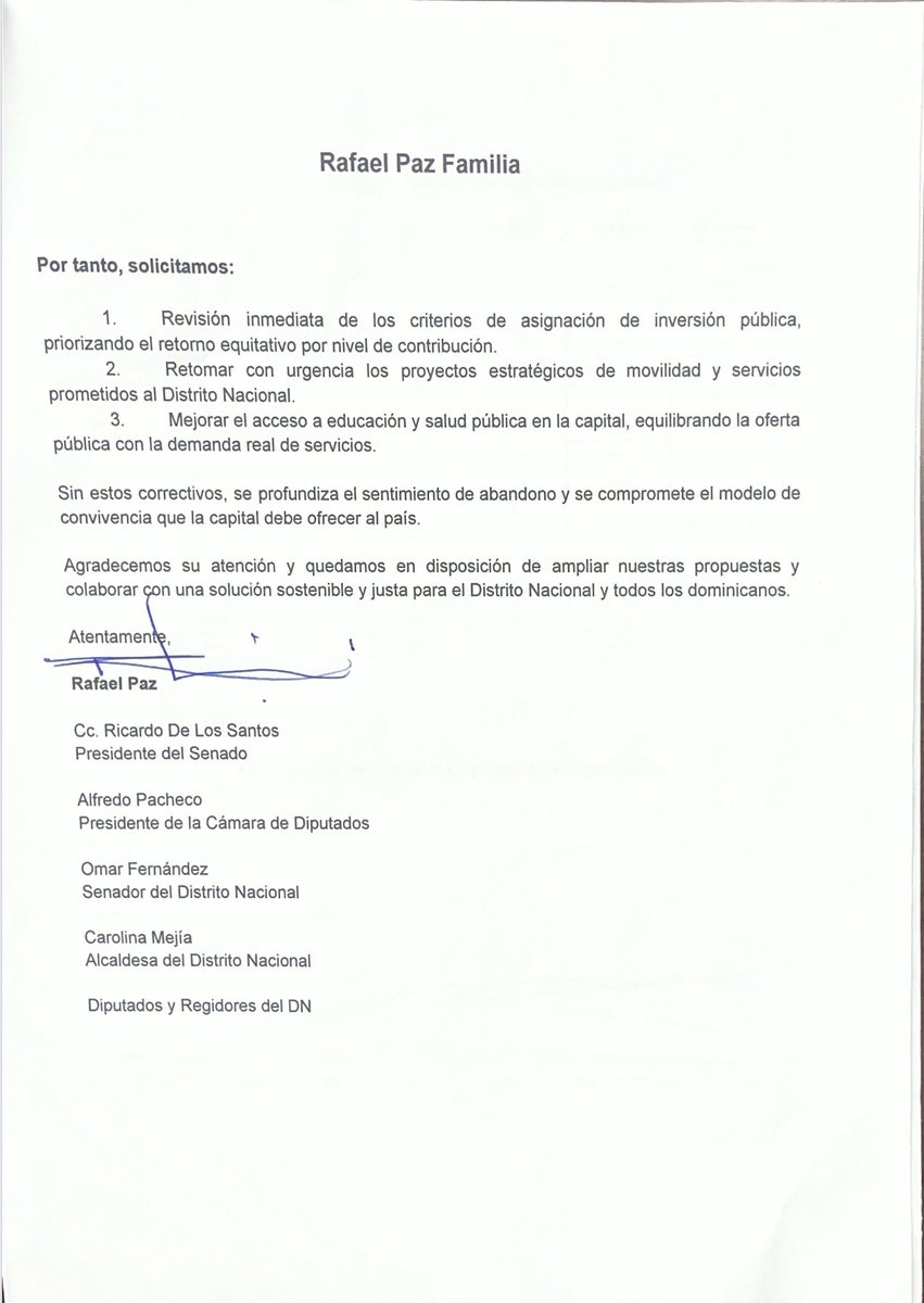 Rafa Paz (@rafaelpazrd) on Twitter photo En el día de ayer remití al Presidente <a href="/luisabinader/">Luis Abinader</a> una comunicación pidiéndole revertir el grave declive en la inversión per capita en el Distrito Nacional.
La capital recibe MIGAJAS. Por cada 100 pesos que aporta al fisco, el gobierno invierte apenas 15 centavos en la En el día de ayer remití al Presidente <a href="/luisabinader/">Luis Abinader</a> una comunicación pidiéndole revertir el grave declive en la inversión per capita en el Distrito Nacional.
La capital recibe MIGAJAS. Por cada 100 pesos que aporta al fisco, el gobierno invierte apenas 15 centavos en la