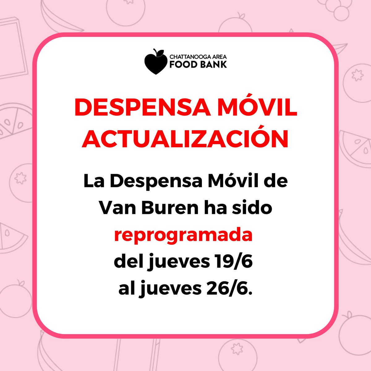 UPDATE: The Van Buren Mobile Pantry has been  rescheduled from Thursday 6/19  to Thursday 6/26. 
~
ACTUALIZACIÓN: La Despensa Móvil de Van Buren ha sido reprogramada  del jueves 19/6  al jueves 26/6.
