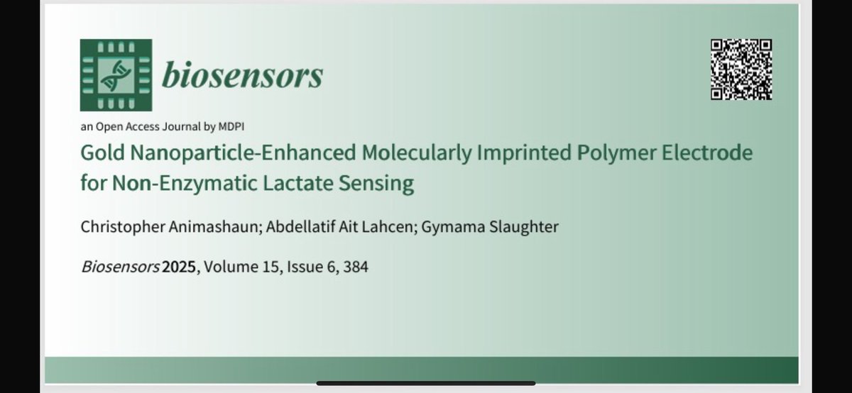 Excited to share our latest work published in <a href="/Biosensors_MDPI/">Biosensors</a> 
“Gold Nanoparticle-Enhanced Molecularly Imprinted Polymer Electrode for Non-Enzymatic Lactate Sensing”
mdpi.com/2079-6374/15/6…
<a href="/GymamaS/">Gymama Slaughter</a> <a href="/oducbe/">ODU Center for Bioelectronics</a> <a href="/ODU/">Old Dominion University</a> 
#MIP #Biosensors #Electrochemistry #GoldNanoparticles #Lactate