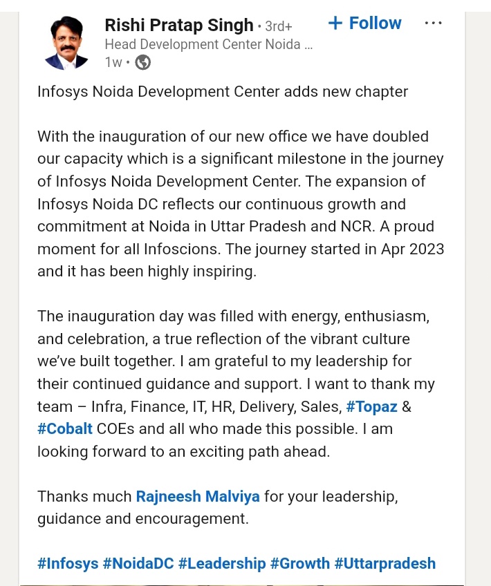 NoidaUpdatesX's tweet photo. Infosys doubled their capacity in Noida with formal inauguration of their new office space #Noida #infosys https://t.co/MKBFpbn3RA