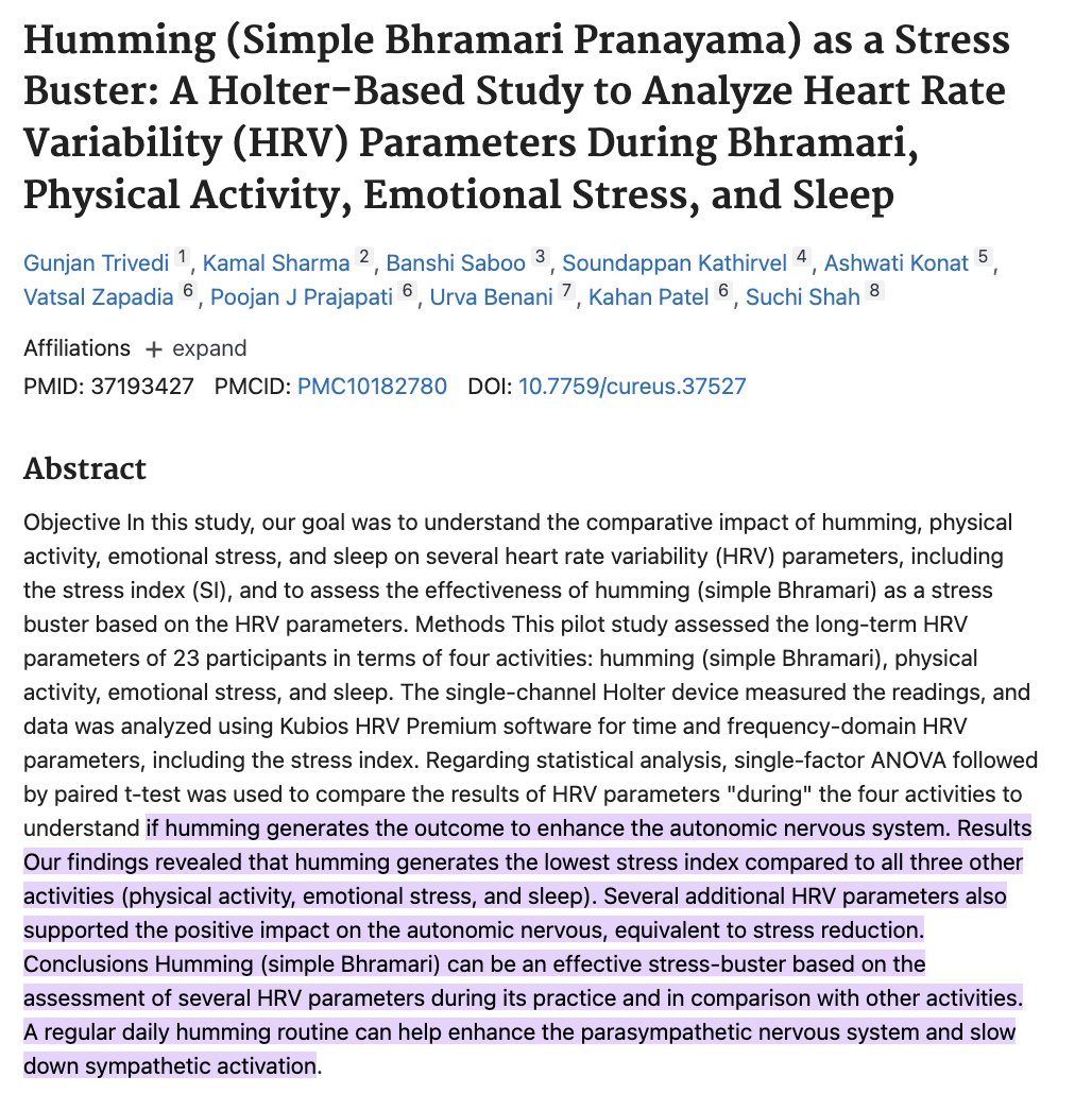 4) Humming at 40-60 Hz

Low-frequency vibrations stimulate your vagus nerve through bone conduction.

Ancient monks discovered this accidentally.

Research shows daily humming increases heart rate variability and lowers stress hormones.

Just 5 minutes of "mmmm" sounds resets
