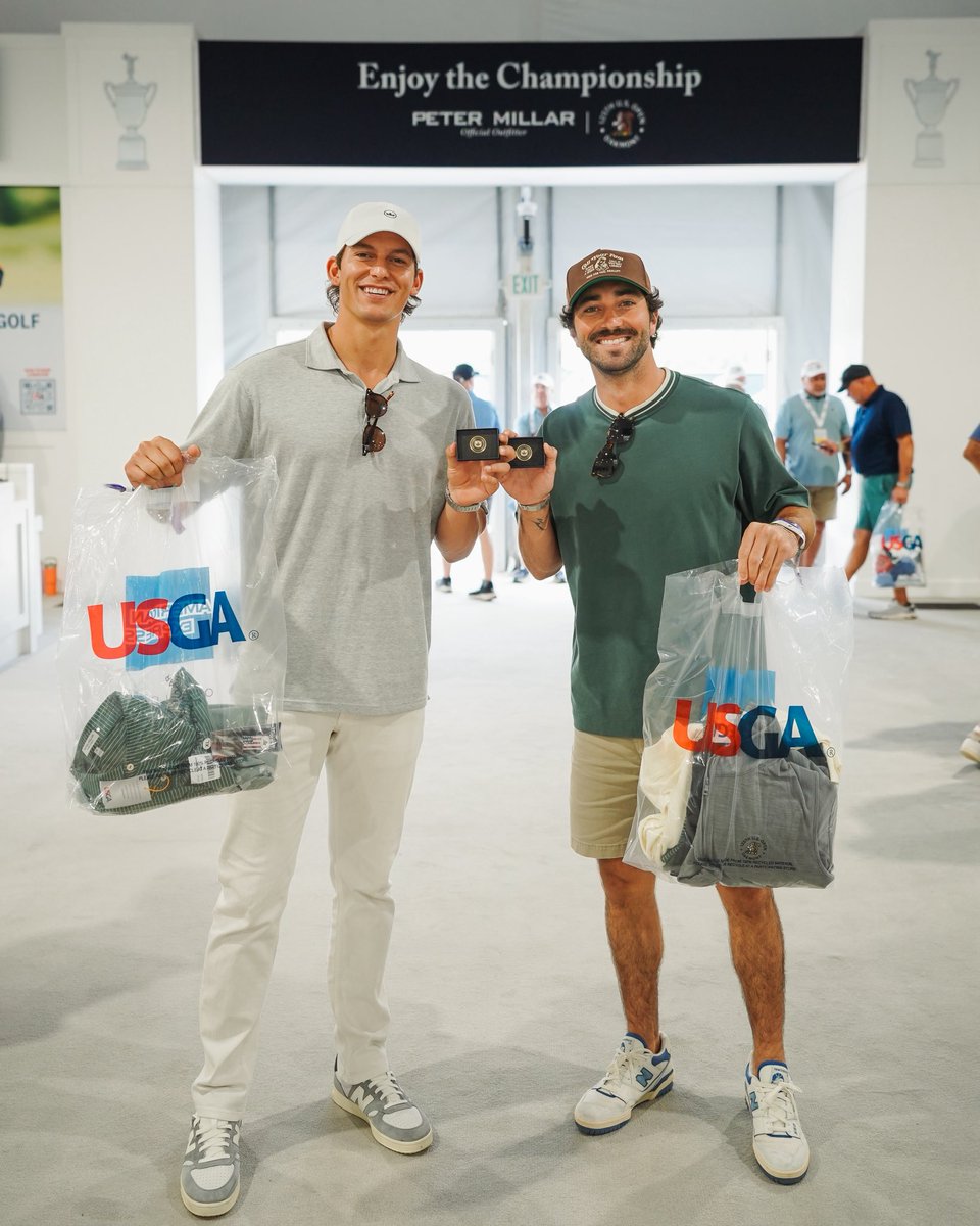 Joey Graziadei and Tanner Courtad stopped by for a quick Peter Millar shopping spree at the merch tent