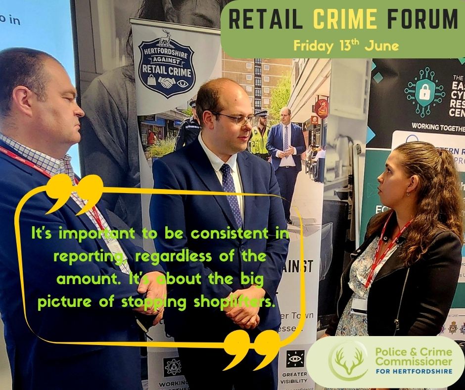HertsPCC's tweet image. oday was my Retail Crime Forum. Ariana told me how important reporting consistently was to reducing shoplifters in the store she works in. Really keen to hear experiences from others who work in shops across Hertfordshire. Let me know in the comments below.