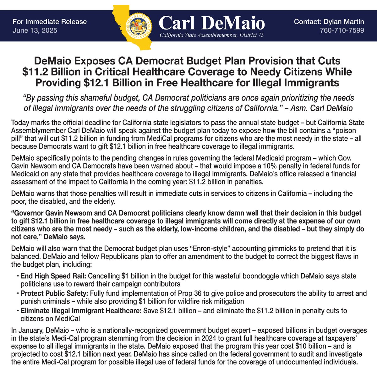 AsmDeMaioOffice's tweet image. CA Asm. Carl DeMaio statement on the CA Democrats’ Budget Plan: Accounting gimmicks, deficits, wasteful spending, and a “poison pill” provision that cuts $11.2 billion in healthcare for poor people to fund $12.1 billion in free healthcare for illegal immigrants. READ: