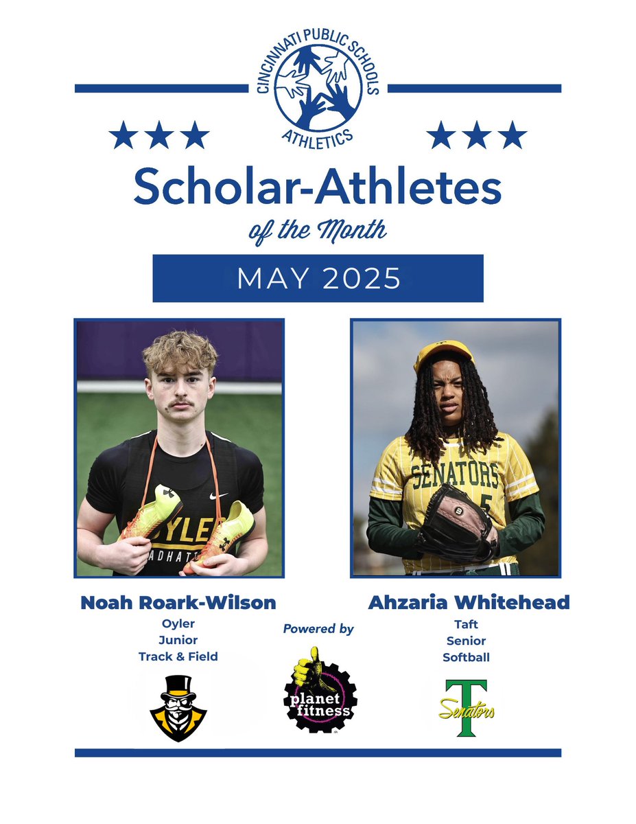 IAMCPSATHLETICS (@iamcpsathletics) on Twitter photo Congratulations to our <a href="/IamCPS/">I Am CPS</a> Scholar-Athletes of the Month winners for March! Powered by Planet Fitness and awarded $500!
Noah Roark-Wilson (Jr, Track & Field) <a href="/OylerAthletics/">Madhatters</a>
Ahzaria Whitehead (Sr, Softball) <a href="/TaftNation/">Taft Athletics</a> Congratulations to our <a href="/IamCPS/">I Am CPS</a> Scholar-Athletes of the Month winners for March! Powered by Planet Fitness and awarded $500!
Noah Roark-Wilson (Jr, Track & Field) <a href="/OylerAthletics/">Madhatters</a>
Ahzaria Whitehead (Sr, Softball) <a href="/TaftNation/">Taft Athletics</a>
