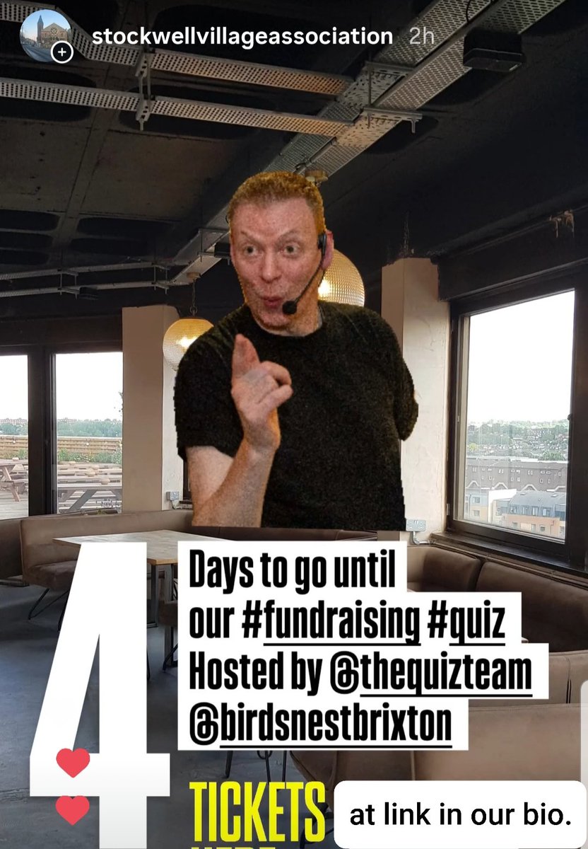 4 days to go until our #fundraising #quiz on Tues June 17th - 7pm.
At The Bird's Nest restaurant, Brixton with amazing 360° views across London.
Hosted by Jez <a href="/TheQuizTeam/">The Quiz Team</a>
Raising money for a publicly accessible defibrillator near Stockwell Green, London
bit.ly/SVAQuiz2025