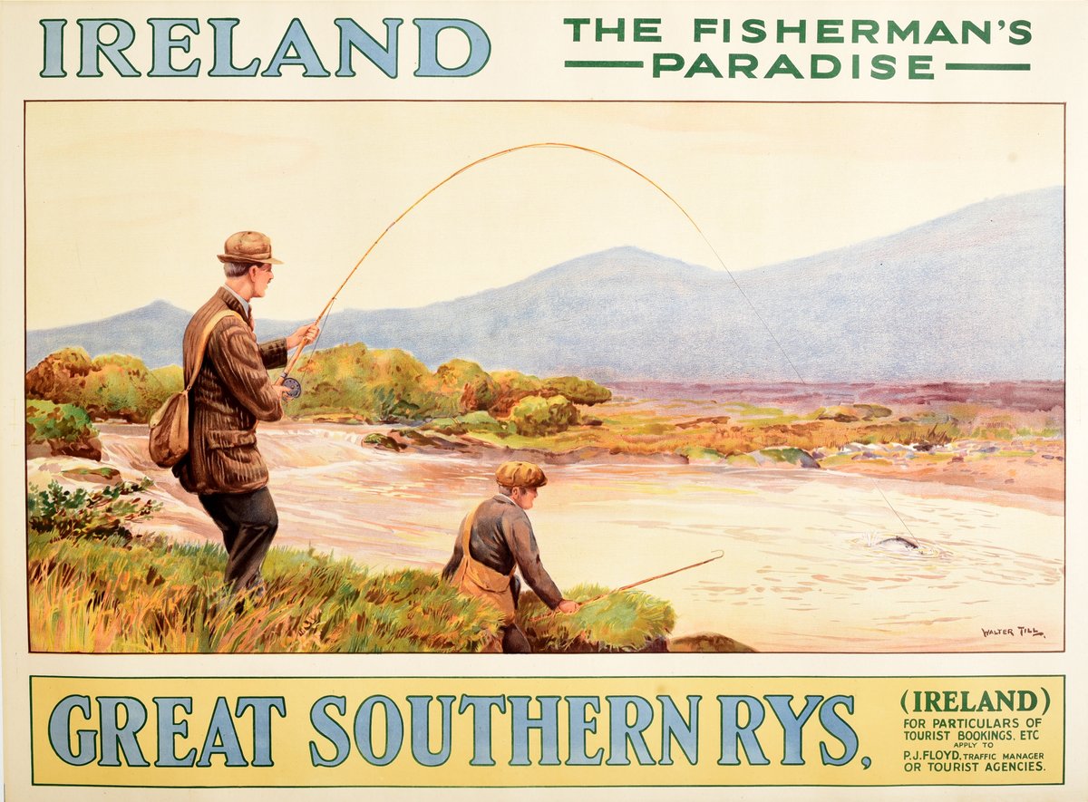 AntikBar's tweet photo. Original #vintage #poster of the day - Ireland The Fisherman's Paradise Great Southern Railways (1920s) Artist: Walter Till โ https://t.co/V8pWHU9qjy
#Ireland #Train #Travel #Advertising #Art #Fishing #Fisherman #Scenic #River #View #Railway #Tourism #History #GoFishingDay https://t.co/nAIlFnxPug