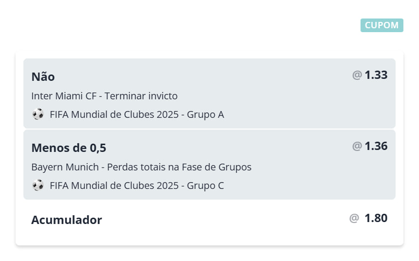 Piter_Lucca's tweet photo. 💰 1 unidade

Inter Miami invicto é loucura em? Com Palmeiras, Porto e Al Ahly...

E o Bayern pra não perder jogos na fase de grupo me chamou, empates são válidos! Se pelo menos empatar com o Benfica, não vejo perdendo pra mais ninguém do grupo (Boca e Auckland) https://t.co/9db2jJZFmO