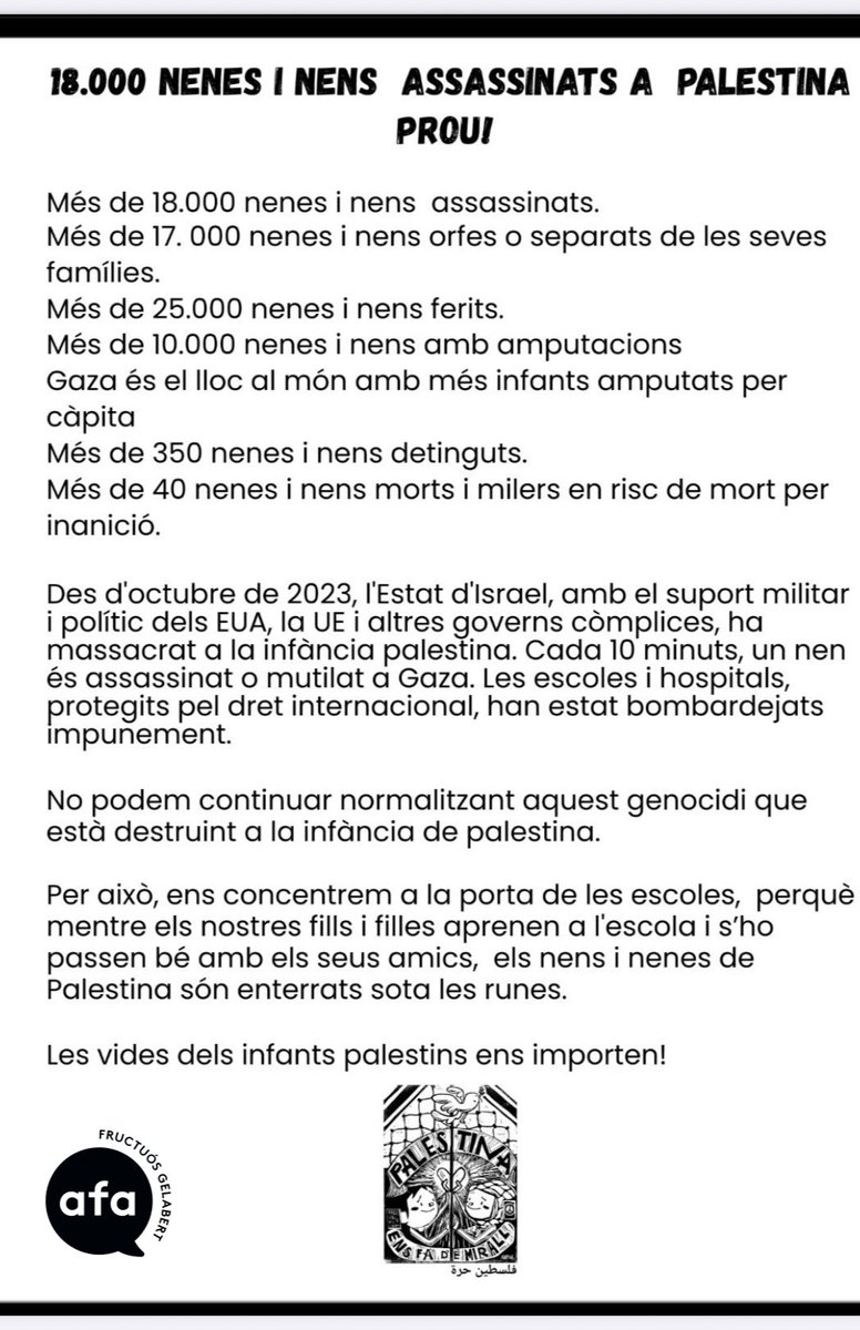 Concentració a favor de Palestina i contra el genocidi davant de l’escola on hem llegit el manifest unitari.