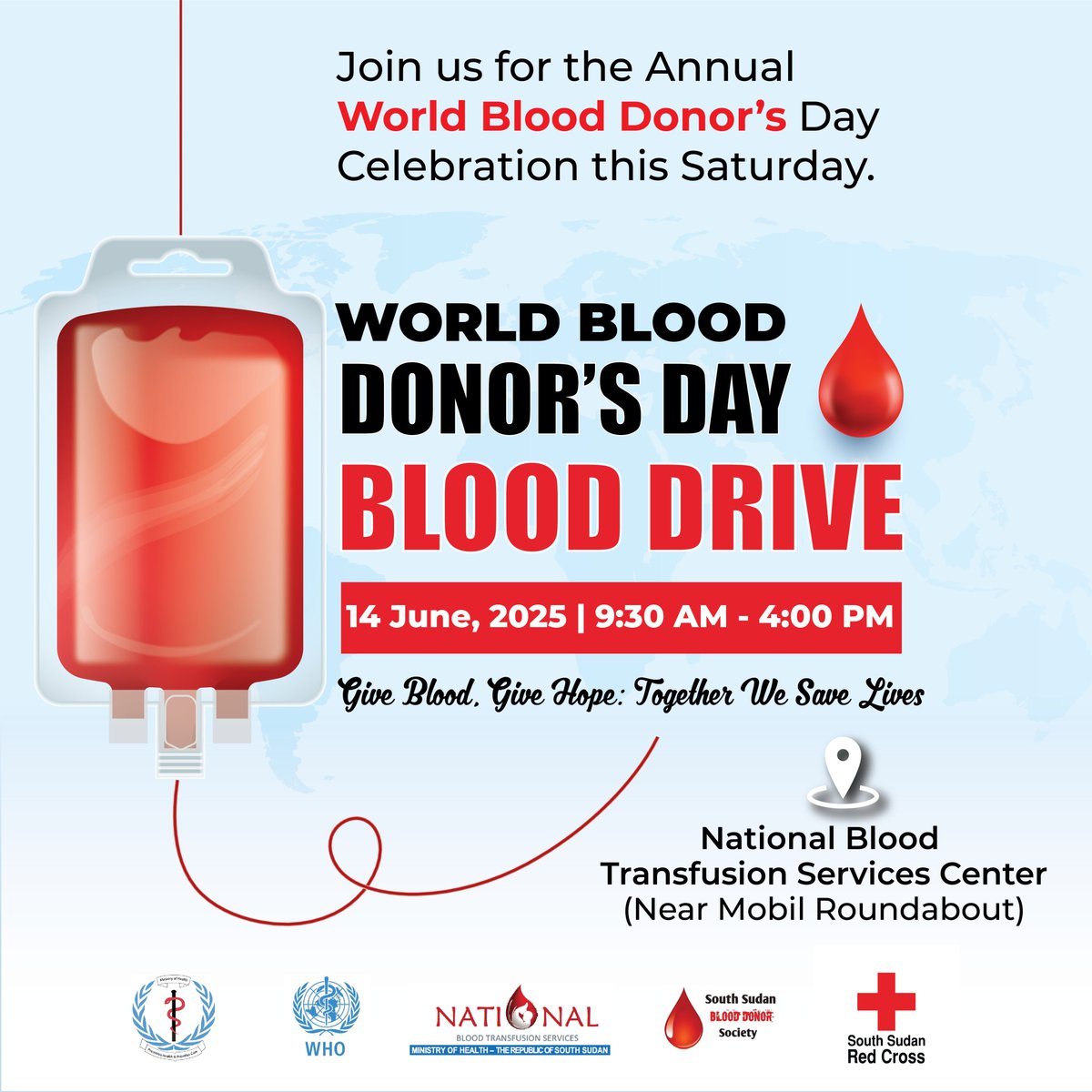 South Sudan Red Cross (@ssrcs) on Twitter photo As part of our #WorldRedCrossDay celebration in collaboration with the <a href="/MoHsouthsudan/">South Sudan Ministry of Health</a> & National Blood Transfusion service (NBTs), we cordially invite the public to commemorate πΎππππ
π©ππππ
π«ππππ π«ππ which is annually observed on June 14th.
#WorldBloodDonorDay As part of our #WorldRedCrossDay celebration in collaboration with the <a href="/MoHsouthsudan/">South Sudan Ministry of Health</a> & National Blood Transfusion service (NBTs), we cordially invite the public to commemorate πΎππππ
π©ππππ
π«ππππ π«ππ which is annually observed on June 14th.
#WorldBloodDonorDay