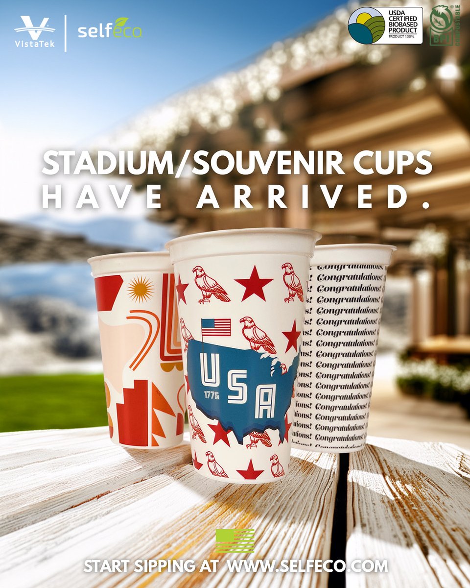 VistaTekUSA's tweet image. Sippin’ sustainably never looked so good.
Our new stadium/souvenir cups are finally here- head on over to selfeco.com to start celebrating. 

#compostable #MadeInUSA #selfeco #ecofriendly #sustainablecaterware