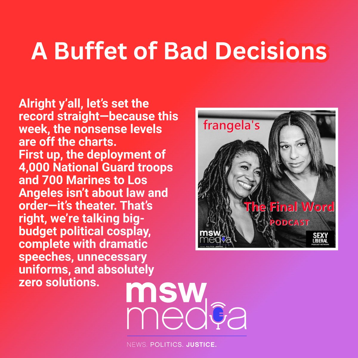 ICYMI: #TheFinalWord podcast with <a href="/frangeladuo/">Frangela</a>. #MSWMedia

Listen: redcircle.com/shows/frangela…