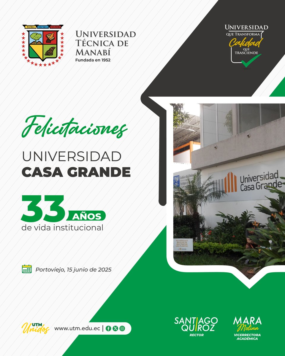 Universidad Técnica de Manabí (@utmmanabi) on Twitter photo La Universidad Técnica de Manabí felicita a la Universidad Casa Grande en su aniversario; 33 años aportando en beneficio de la educación superior.
<a href="/ucasagrande/">Universidad Casa Grande</a>
#UTMUnidos La Universidad Técnica de Manabí felicita a la Universidad Casa Grande en su aniversario; 33 años aportando en beneficio de la educación superior.
<a href="/ucasagrande/">Universidad Casa Grande</a>
#UTMUnidos