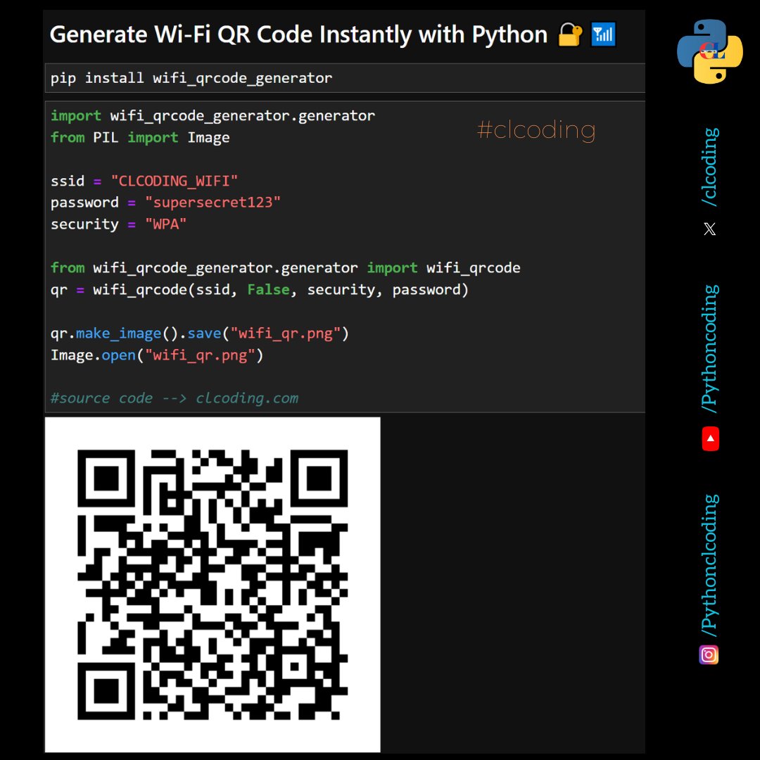 clcoding's tweet image. Generate Wi-Fi QR Code Instantly with Python 🔐📶