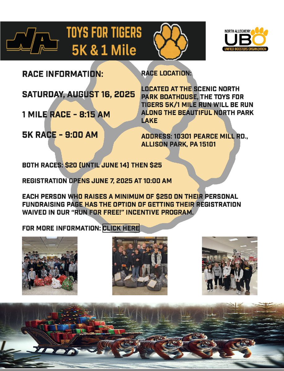 The North Allegheny Unified Boosters Organization and NA Athletics will host a Toys for Tigers fundraiser, a 1 mile and 5K run on Saturday, August 16, 2025.

Click here for more information: trisignup.com/Race/PA/Alliso…