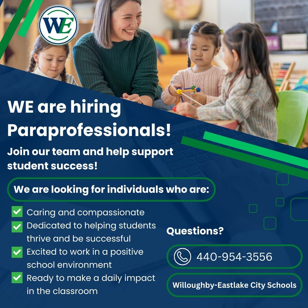 💚💙 Join our team! We are looking for enthusiastic, motivated employees to work as educational assistants to support our students. Apply NOW! tinyurl.com/yej6xf2j
#mychoicewilloughbyeastlake #WEareonthemove