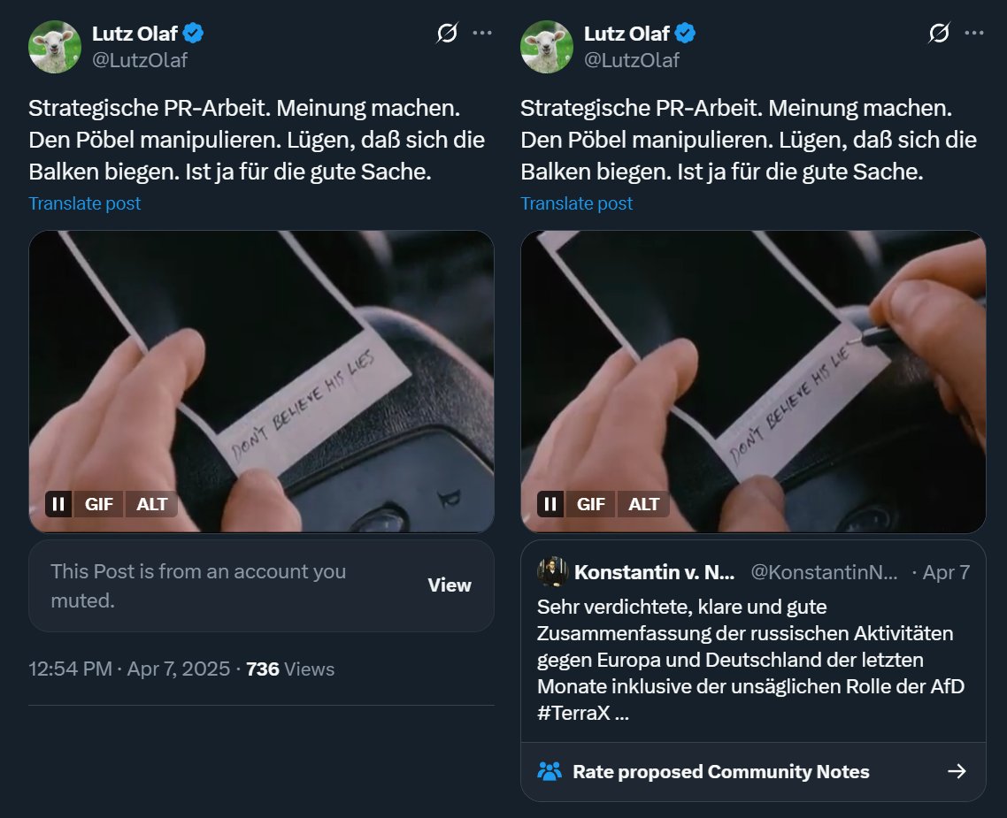 Lutz Olaf (@lutzolaf) on Twitter photo Muss mich korrigieren. Habe Scheisse erzählt. 😕
Tatsächlich hat <a href="/KonstantinNotz/">Konstantin v. Notz</a> seinen ZDF-Fake News -Tweet garnicht gelöscht.
Ich wollte keine Fake News verbreiten. Hatte leider den Muted-Hinweis mit Tweet-gelöscht-Hinweis verwechselt. Pfusch. Nicht ok. Muss besser 👍 Muss mich korrigieren. Habe Scheisse erzählt. 😕
Tatsächlich hat <a href="/KonstantinNotz/">Konstantin v. Notz</a> seinen ZDF-Fake News -Tweet garnicht gelöscht.
Ich wollte keine Fake News verbreiten. Hatte leider den Muted-Hinweis mit Tweet-gelöscht-Hinweis verwechselt. Pfusch. Nicht ok. Muss besser 👍