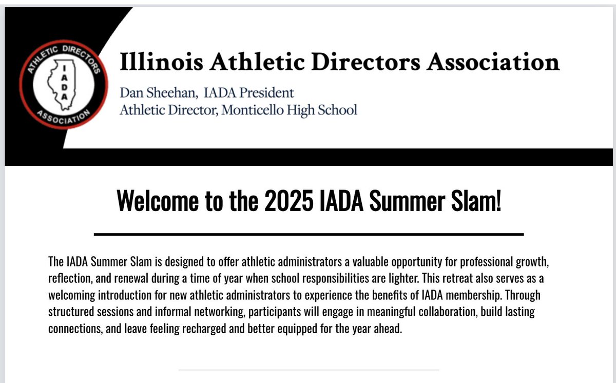🔥 IADA SUMMER SLAM 2025
📍 Normal Community HS
📅 July 16–17
🎓 LTC 501/502/503 + LTC 719
🏛️ IHSA/IESA sessions
⛳ Golf at The Den
💡 Grow. Recharge. Connect.
👉 Register: view.gogipper.com/page/3125498