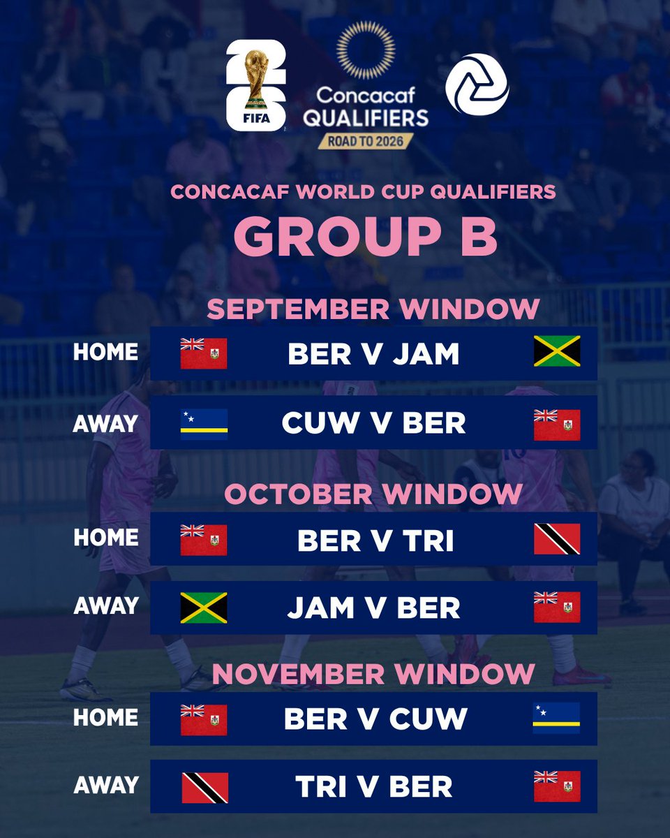 Group B: Locked in! 🇧🇲⚽ Bermuda faces Jamaica, Curacao, &amp; Trinidad and Tobago in Concacaf Qualifiers Final Round. Sep-Nov 2025. The road to #FIFAWorldCup2026 is tough, but we're ready! #BermudaFA #SMNT #GombeyWarriors