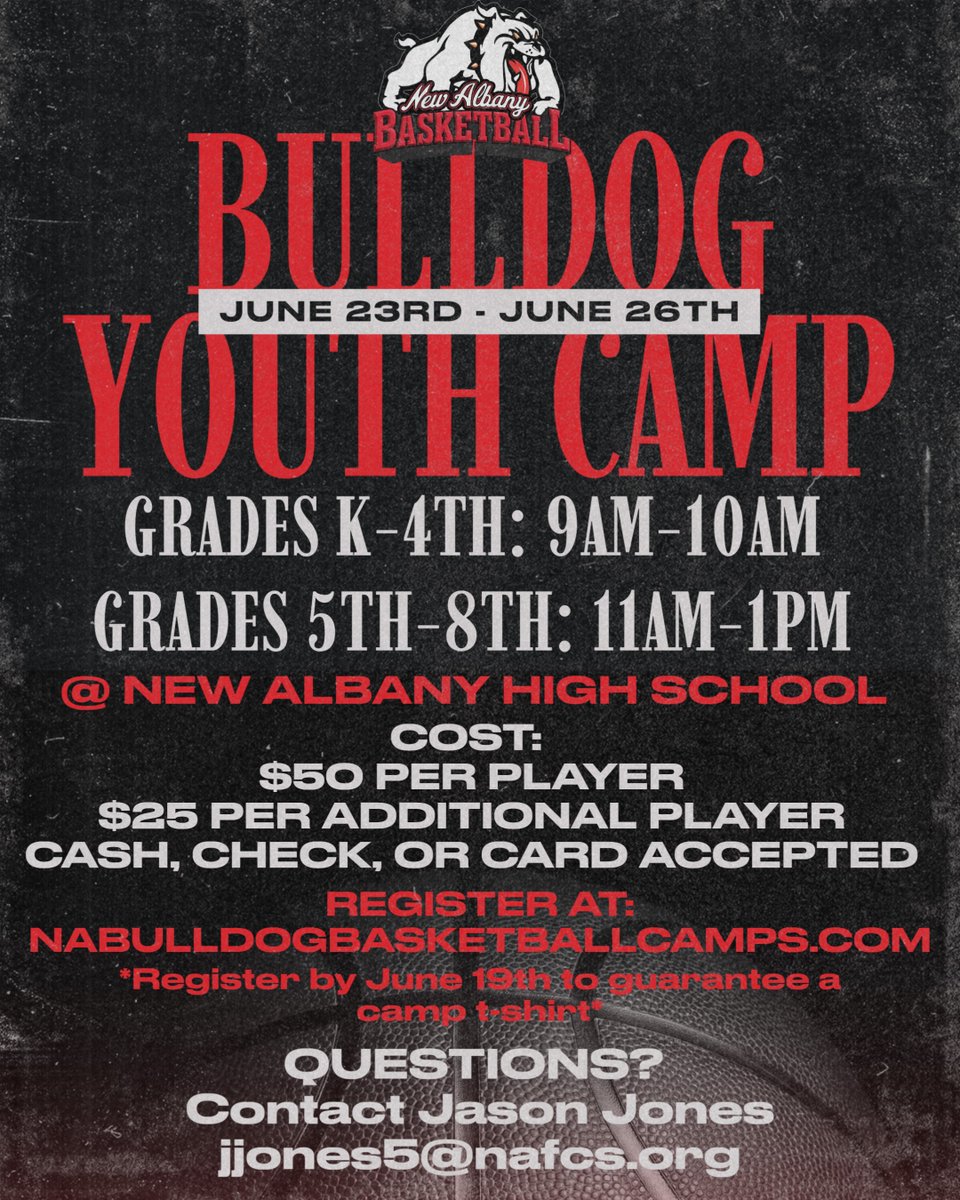 🏀🐾 The Bulldog Youth Basketball Camp is coming up at New Albany High School from June 23–26!

Grades K–4: 9 a.m. – 10 a.m.
Grades 5–8: 11a.m. – 1 p.m.

Register here: loom.ly/ZLYTc0w

Come learn from the best and build your skills on the court! 

#NAFCSuccess