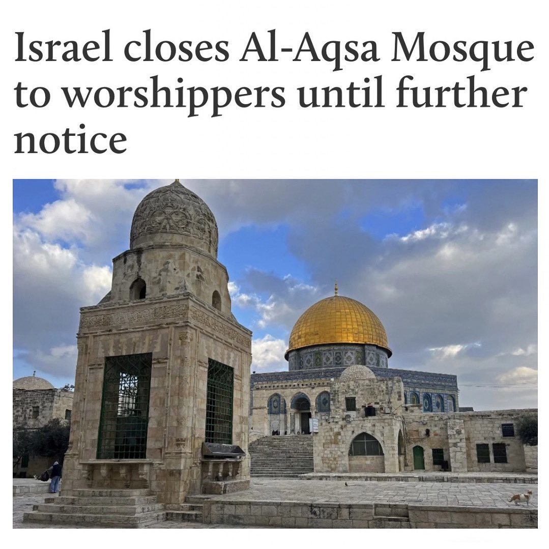 Masjid Al Aqsa has been shut down. An 18,000 percent increase in settler incursions since 2023, daily raids, and now this. We’re living in a time of peak arrogance and tyranny. Wake up.