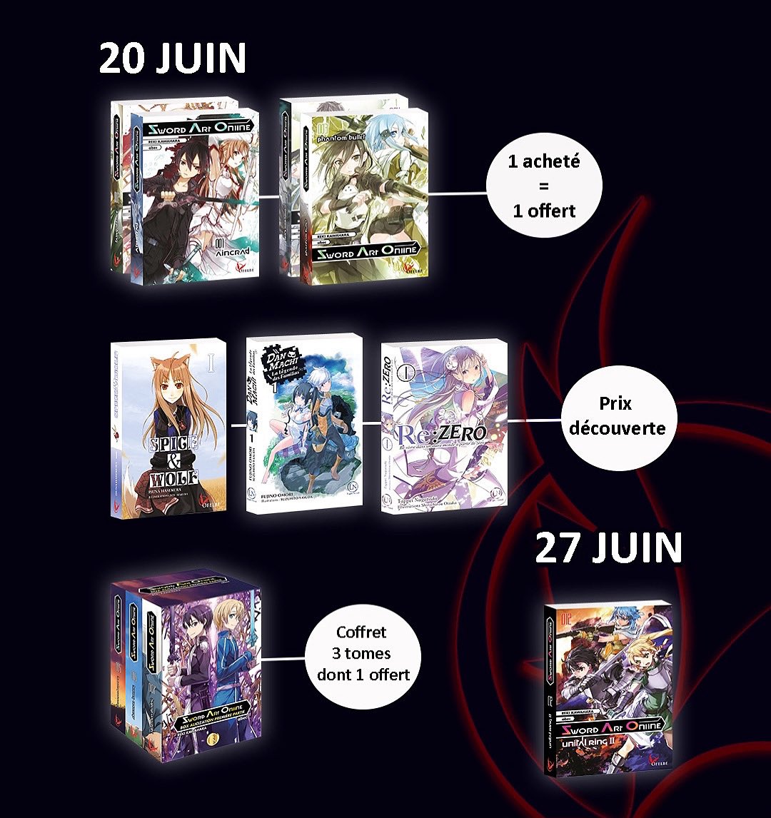 En juin, à l’occasion de la semaine LN, découvrez nos offres spéciales et la suite de Sword Art Online !

20 JUIN
Pack 1 acheté = 1 offert
SAO T.1 &amp; T.2
SAO T.3 &amp; T.4

Prix découverte 
Spice &amp; Wolf/Re:Zero/DanMachi 

Coffret 3 tomes dont 1 offert 
SAO T.5 à T.7

27 JUIN
SAO T.12