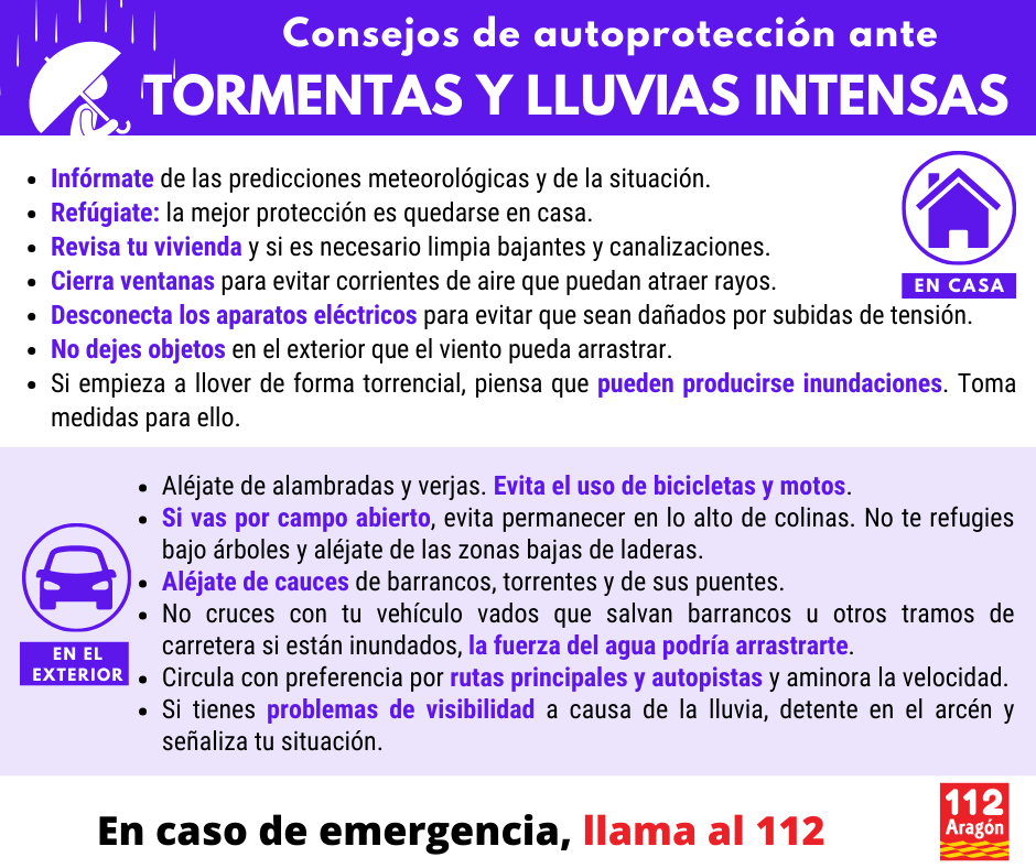 112Aragon's tweet photo. Ante los avisos naranjas y amarillos por #tormentas, que pueden ir acompañadas de #granizo y rachas de #viento muy fuertes, y avisos amarillos por #lluvias emitidos por @AEMET_Aragon para esta tarde y mañana sábado en gran parte de la Comunidad, os recordamos los #Consejos112 de #autoprotección. 

En caso de #emergencia 📲1⃣1⃣2⃣