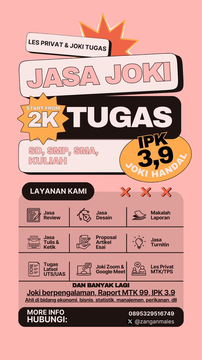 imyour_w's tweet photo. Haloo, open joki tugas apapun (jasa tulis, ppt, laporan, formatting, cari jurnal, review jurnal, review buku/novel, makalah, essay, artikel, tugas, desain, parafpase, dll)
Hit me up please harga merakyat pengerjaan cepat dan tepat ga asal asalan✨.
more info dm @zanganmales https://t.co/RnXGGsvuqU