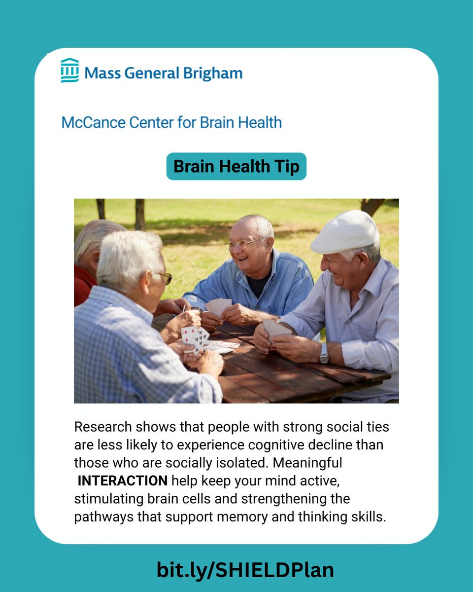 McCance Center for Brain Health at MGH (@mghbrainhealth) on Twitter photo Todayās brain-healthy lifestyle tip, in recognition of #Alzheimers & #Brain Awareness month, is Interaction. To learn more about brain health, check out the SHIELD Method developed by McCance Center Director, <a href="/RudyTanzi/">Dr. Rudy Tanzi</a>: //bit.ly/SHIELDPlan #McCanceBrainDiscoveries Todayās brain-healthy lifestyle tip, in recognition of #Alzheimers & #Brain Awareness month, is Interaction. To learn more about brain health, check out the SHIELD Method developed by McCance Center Director, <a href="/RudyTanzi/">Dr. Rudy Tanzi</a>: //bit.ly/SHIELDPlan #McCanceBrainDiscoveries