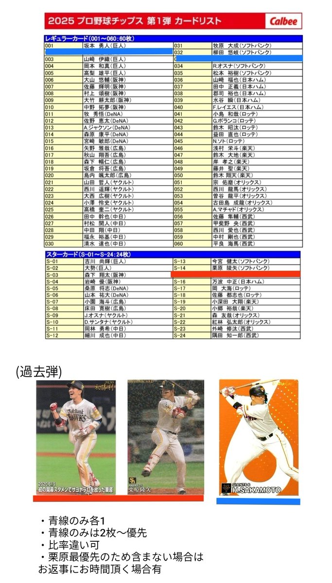 06kana24's tweet photo. @no_TL
交換 プロ野球チップス プロチ BBM

譲 画像1.2
求 画像3 赤線(栗原)>>青線(柳田/坂本)

郵送のみ
今弾/過去弾混ざってます
梱包はスリーブ+硬質ケースor両面ダンボール補強+水濡れ防止できる方のみ(厚紙補強不可)
よろしくお願いいたします。 https://t.co/qU35C5f483