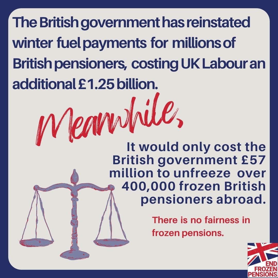 #EndFrozenPensions Canada (@cabp_news) on Twitter photo The UK government announced that winter fuel payments will go to millions more pensioners, costing <a href="/UKLabour/">The Labour Party</a> ÂŁ1.25 bn yearly.
Ending frozen pensions for over 400,000 British pensioners worldwide would cost a mere ÂŁ57 million.
<a href="/RachelReevesMP/">Rachel Reeves</a> wouldn’t that be a good deal? The UK government announced that winter fuel payments will go to millions more pensioners, costing <a href="/UKLabour/">The Labour Party</a> £1.25 bn yearly.
Ending frozen pensions for over 400,000 British pensioners worldwide would cost a mere ÂŁ57 million.
<a href="/RachelReevesMP/">Rachel Reeves</a> wouldn’t that be a good deal?
