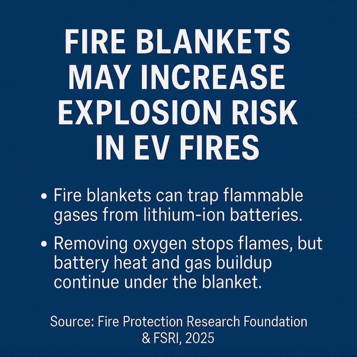 RandyNarinee's tweet image. The recent @NFPA and @FSRI_org notice about potential risks when using fire blankets during EV fires is being misinterpreted by many in the fire service. Let's be clear, this is not new information for those actively working these scenes. The idea that tools can introduce risk if…