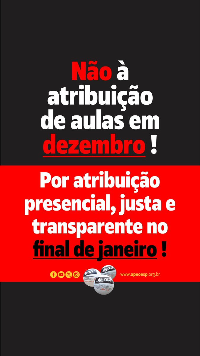 APEOESP's tweet photo. 📢 Diga NÃO à atribuição de aulas em dezembro!
✊🏽 Defendemos um processo presencial, justo e transparente no final de janeiro! https://t.co/kAczhshcp6