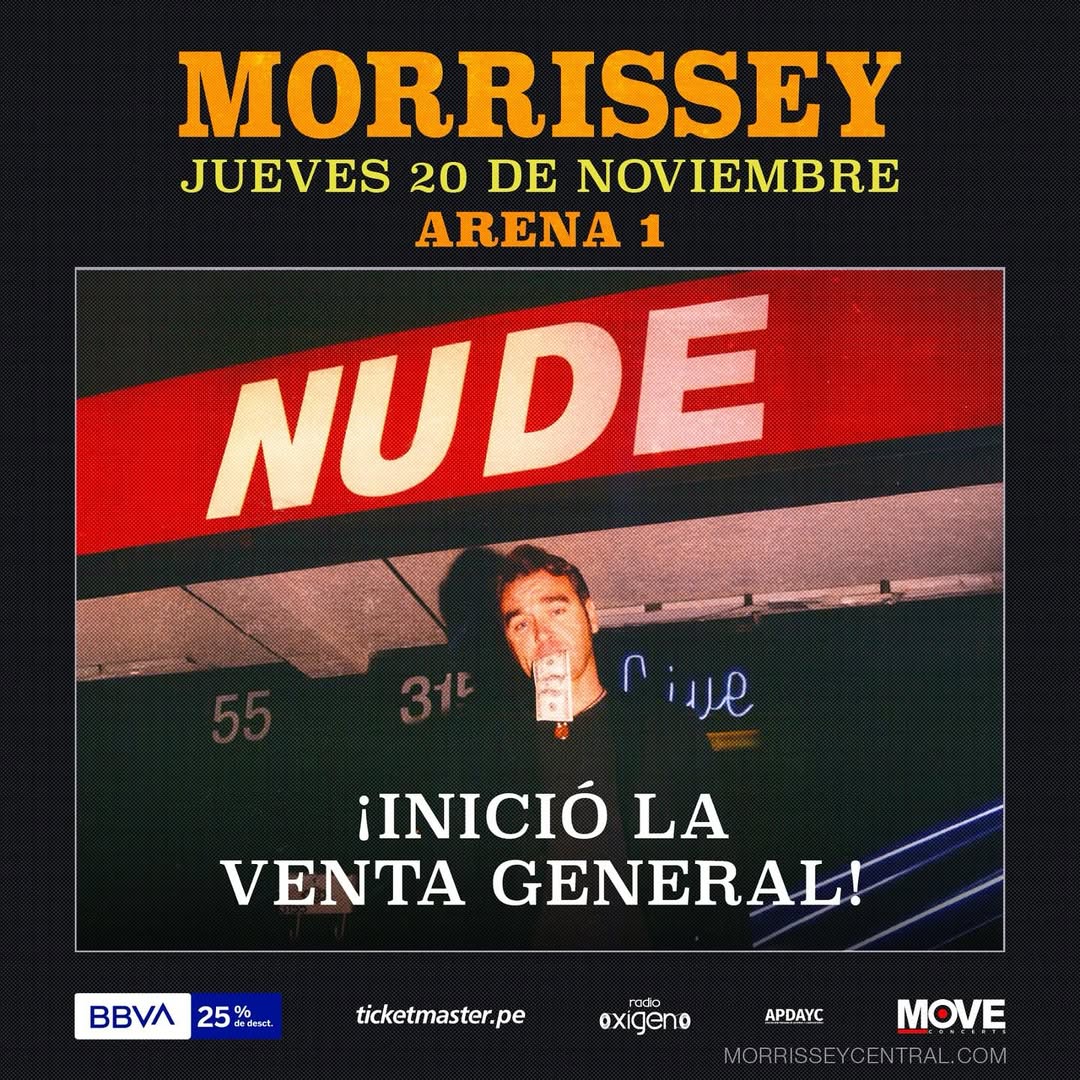 TicketmasterPE's tweet photo. ¡MORRISSEY en Lima!🎸

¡INICIÓ LA VENTA GENERAL! 25% Descuento con tarjetas de crédito y débito BBVA

🎫Entradas en Ticketmaster▶️ https://t.co/VirilXg8EH y Centros de Experiencia

#Morrissey #Ticketmaster #MoveConcerts https://t.co/JH4My1kJzL