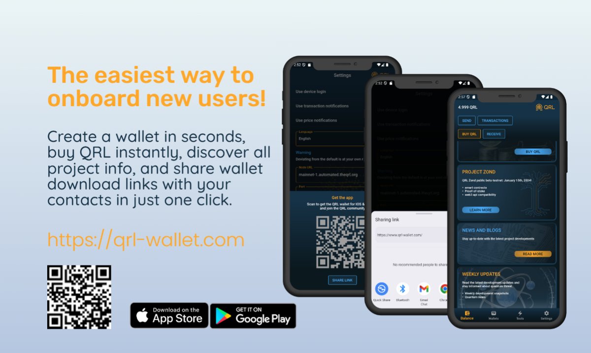DevelopmentVolt's tweet image. The $QRL Mobile Wallet is the perfect way to bring new people into the project! Easily create a wallet, quickly buy QRL, find all project information, and share wallet download links with your contacts in just one click.
qrl-wallet.com