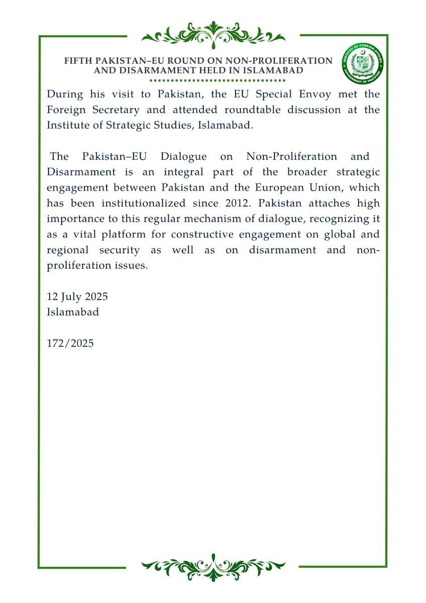 🔊PR No.1️⃣7️⃣2️⃣/2️⃣0️⃣2️⃣5️⃣

Fifth Pakistan-EU Round on Non-Proliferation and Disarmament Held in Islamabad 

🔗⬇️
mofa.gov.pk/press-releases…