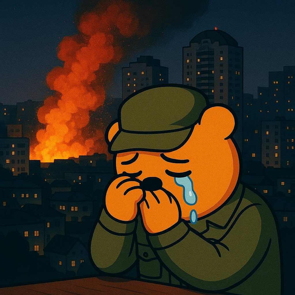 Behind every war are the tears of those who never wanted to fight.  
🐻 A bear in a soldier’s uniform cries amidst a burning city not for losing the battle, but for losing loved ones, a home, and hope.  
🕊️ Please, let no one else have to cry because of war.  

#Peace #StopTheWar