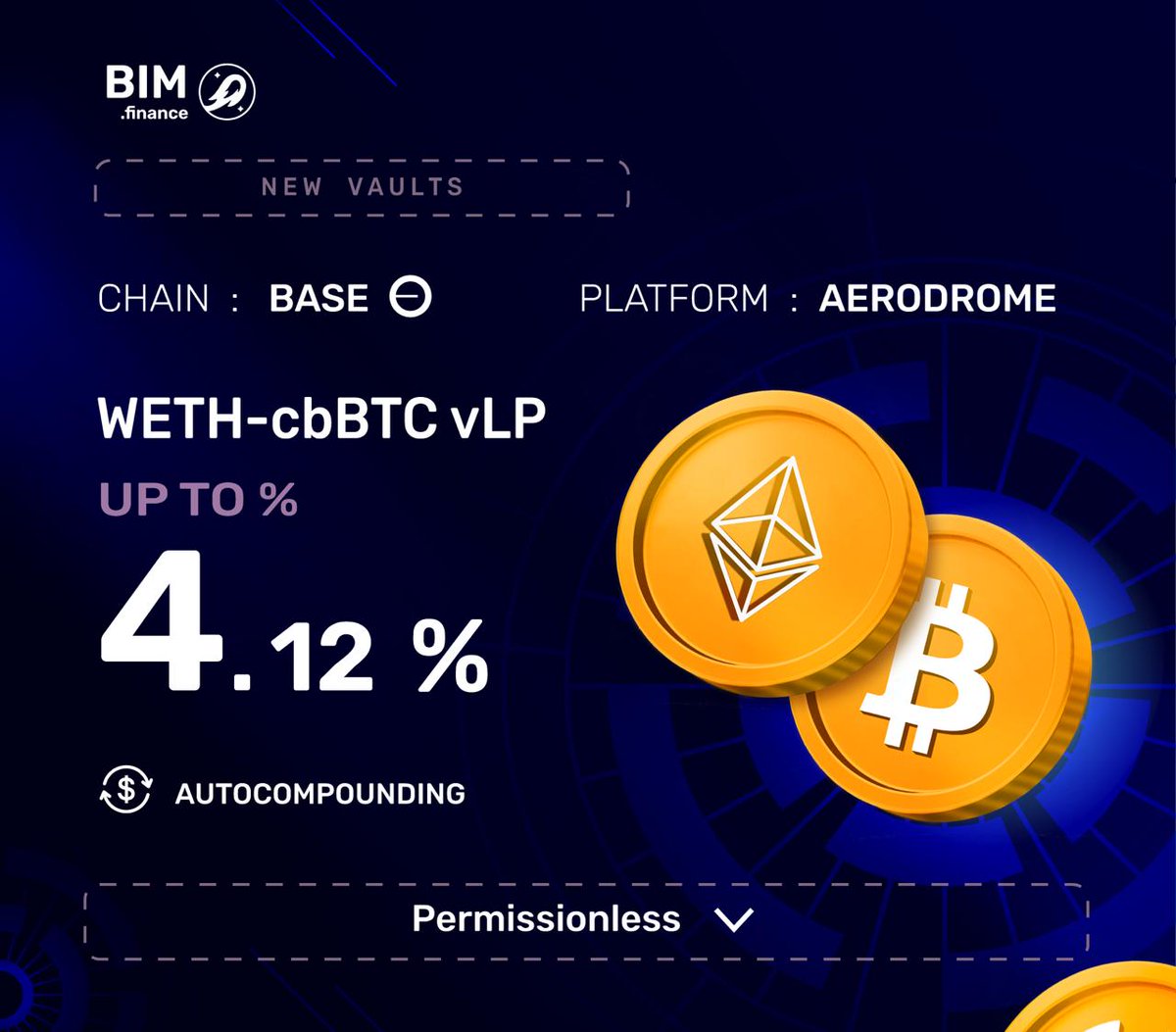 New BTC + ETH vault on <a href="/Bim_Exchange/">BIM Exchange</a>  🟡

Stake WETH - cbBTC vLP from <a href="/AerodromeFi/">Aerodrome</a> 

📈 Up to 4.12% APY

♻️ Auto-compounding

🔓 Fully permissionless

⚙️ On <a href="/base/">Base</a> 

👉 staking.bim.finance/#/vault/aerodr…

#BTC #ETH #WETH #cbBTC #BaseChain #Aerodrome #Staking #DeFi #BIMExchange