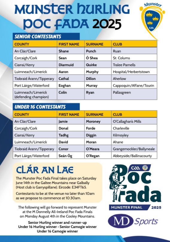 .<a href="/MunsterGAA/">Munster GAA / Comhairle na Mumhan</a> Hurling #PocFada tomorrow morning (Saturday) in the Galtee Mountains - BEST OF LUCK to our <a href="/WaterfordGAA/">Waterford GAA</a> representatives Eoghan Murray from <a href="/ACTGAAPRO/">Affane Cappoquin Tourin GAA</a> (Senior) and Seàn Òg O' Regan (<a href="/AbbeycourtyGAA1/">Abbeyside Ballinacourty GAA</a>) in the U-16 competition ✅️⚪️🔵🏑 <a href="/west_waterford/">Waterford GAA West</a> <a href="/ConorPrenderg11/">Conor Prendergast</a>