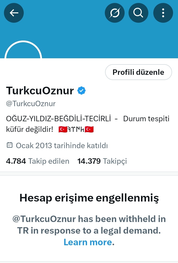 TurkcuOznur2's tweet image. Beklediğim şey gerçekleşti ve ana hesabım mahkeme kararıyla Türkiye'de erişime kapatıldı.
Bu hesabımı da kapatacaklar ve ben bıkmadan TÜRK'ÜN sesi olmaya devam edeceğim.
Madalyamdır, kut'lu olsun!
🇹🇷 𐱅𐰇𐰼𐰰 🇹🇷