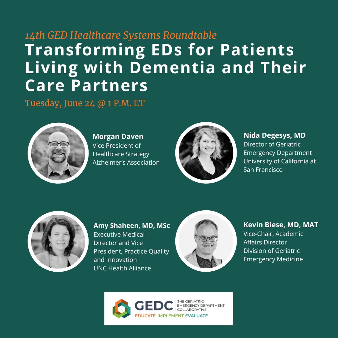 theGEDC's tweet image. GEDC’s 14th GED Healthcare Systems Roundtable, “Transforming EDs for Persons Living with Dementia and their Care Partners,” will be held Tuesday, June 24 at 1 p.m. ET.
This event is exclusive to member healthcare systems, but it’s not too late to join: hubs.li/Q03rP4LR0