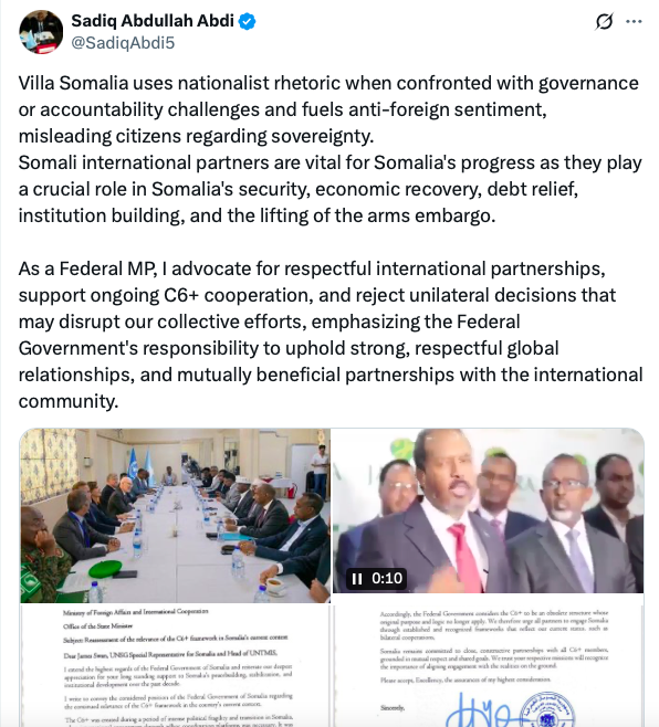 Arlaadi Media (@arlaadimnetwork) on Twitter photo ⚡️ UPDATE: #Somali MP <a href="/SadiqAbdi5/">Sadiq Abdullah Abdi</a> criticized <a href="/TheVillaSomalia/">Villa Somalia</a> for using "nationalist rhetoric to deflect from governance and accountability issues," warning "it fuels anti-foreign sentiment and misleads the public on sovereignty". He emphasized the "importance of respectful, ⚡️ UPDATE: #Somali MP <a href="/SadiqAbdi5/">Sadiq Abdullah Abdi</a> criticized <a href="/TheVillaSomalia/">Villa Somalia</a> for using "nationalist rhetoric to deflect from governance and accountability issues," warning "it fuels anti-foreign sentiment and misleads the public on sovereignty". He emphasized the "importance of respectful,