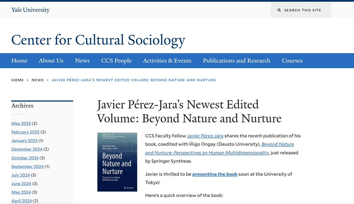 Many thanks to Yale University's Center for Cultural Sociology for announcing the publication of my new co-edited volume with Íñigo Ongay, Beyond Nature and Nurture: Perspectives on Human Multidimensionality!

Link in the first comment!