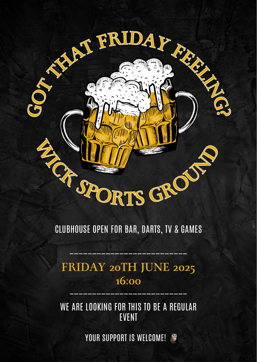 The club will be open next Friday from 4pm for after work beers, as always everyone is welcome. We are hoping to make this a regular event. 🍺🎯🦉 

#Owls
