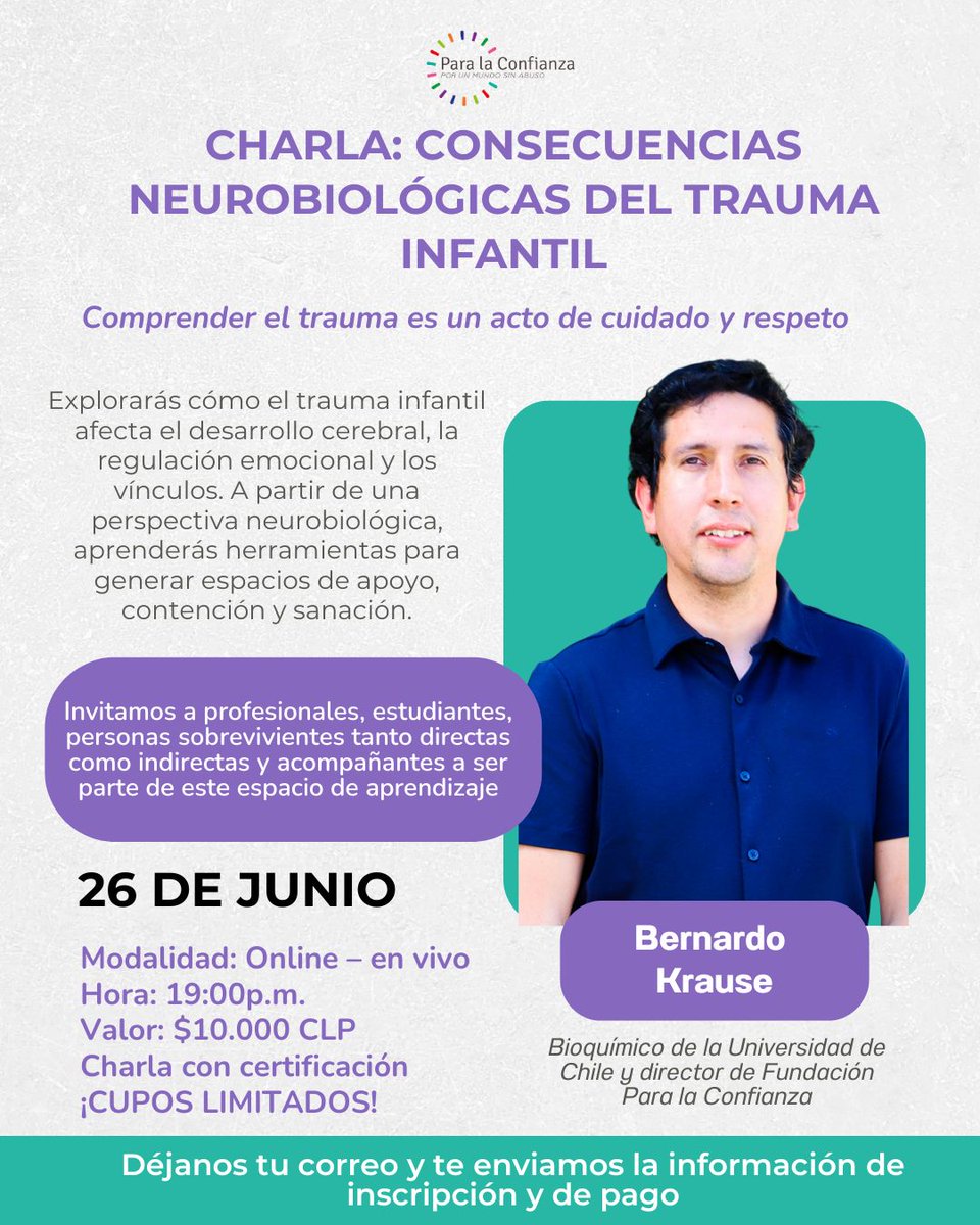 Los invito a participar a esta Charla: Consecuencias Neurobiológicas del Trauma Infantil
Relator: Dr. Bernardo Krause, PhD en Ciencias Fisiológicas
Inscríbete aquí  forms.gle/Coduiz9rLDPmrY…