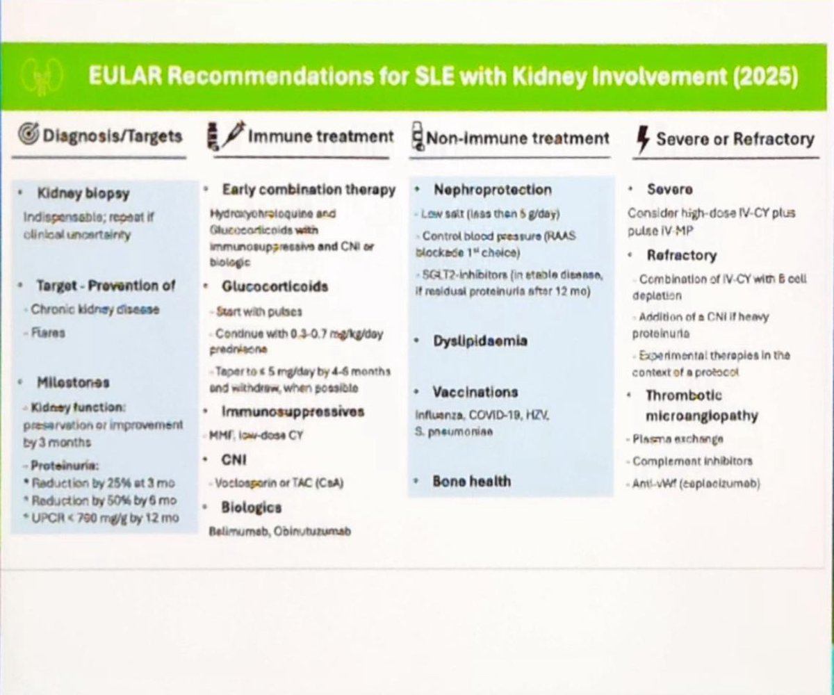 Matteo Piga (@rmd_clinic) on Twitter photo 🔴 NEW EULAR recommendations for #SLE with #kidney involvment (2025)!
➡️ early biopsy
➡️ early combination
➡️ non immune treatment
#EULAR2025 🔴 NEW EULAR recommendations for #SLE with #kidney involvment (2025)!
➡️ early biopsy
➡️ early combination
➡️ non immune treatment
#EULAR2025