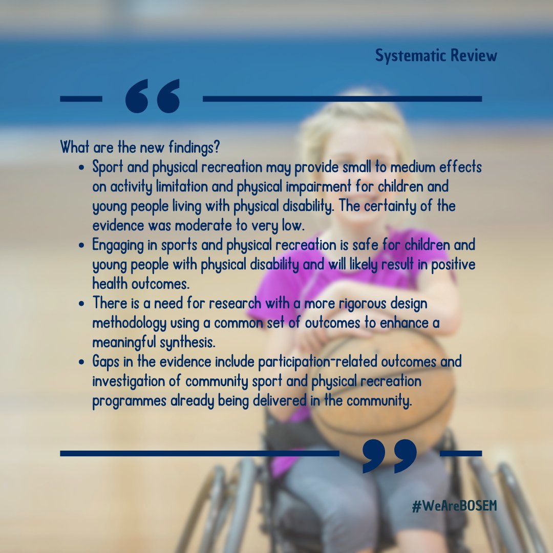 BMJ Open Sport & Exercise Medicine (@bmjopensem) on Twitter photo 🚨#NEW #SystematicReview by West et al!
Highlighting the positive impact of sport and recreation on physical, mental, and social health for children and young people with physical disabilities.
Key findings:
➡️ Participation likely improves physical function, mental well-being, 🚨#NEW #SystematicReview by West et al!
Highlighting the positive impact of sport and recreation on physical, mental, and social health for children and young people with physical disabilities.
Key findings:
➡️ Participation likely improves physical function, mental well-being,